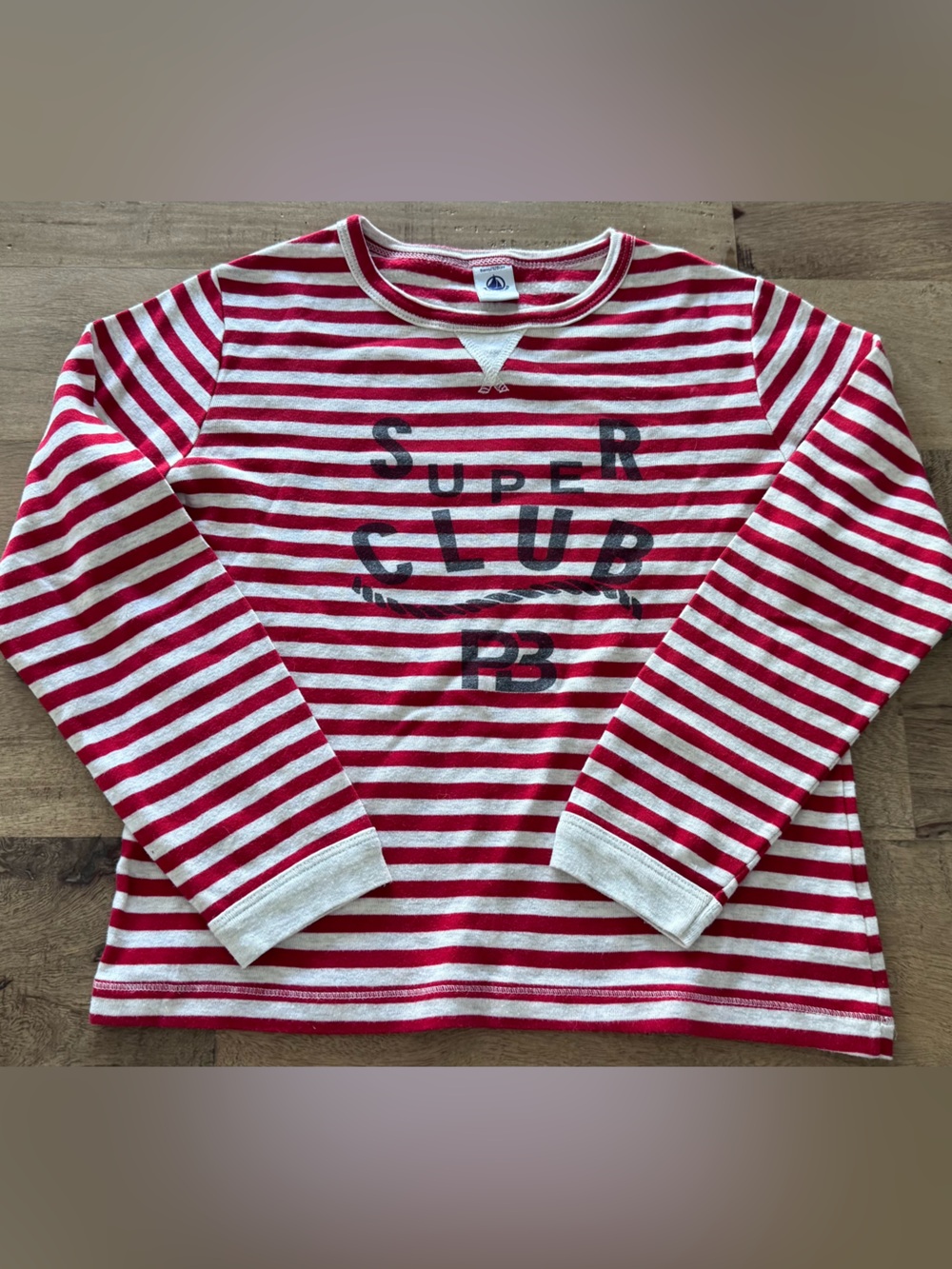 Petit bateau Striped Red & White Kids Long Sleeve Shirt Super Club Graphic sz 8